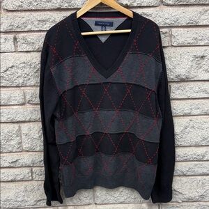 Tommy Hilfiger Black and Gray V-Neck Sweater with Red Accents